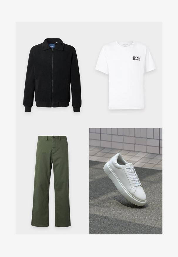 Schwarze Fleecejacke mit Reißverschluss, Stehkragen, gerippten Bündchen und seitlichen Taschen mit strukturiertem Oberflächenmaterial.; Weißes Baumwoll-T-Shirt mit kurzen Ärmeln und Rundhalsausschnitt. Enthält ein schwarzes Textlogo "JACK & JONES" auf der linken Brustseite. Einfaches, schlichtes Design.; Grüne, weit geschnittene Hose aus Baumwollmischgewebe, mit Knopfverschluss, Gürtelschlaufen und dezentem vertikalem Muster.; Weiße Leder-Sneaker mit glatter Oberfläche, runder Zehenpartie und flachen weißen Schnürsenkeln. Verfügt über eine strukturierte Gummisohle und minimalistische Designelemente.