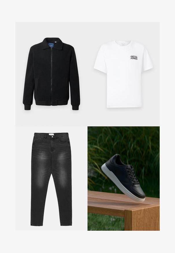 Black fleece jacket featuring a zip closure, stand collar, ribbed cuffs, and side pockets with a textured surface.; White cotton t-shirt, short sleeves, crew neck. Features black text logo "JACK & JONES" on the left chest area. Simple, plain design.; Black denim jeans with a faded wash, high waist, five-pocket design, and silver hardware. Straight-leg cut with contrast stitching details.; Black sneaker with white sole suspended above wooden bench, green foliage in the blurred background.