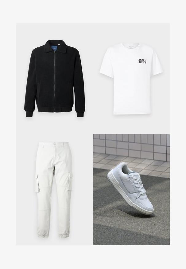 Svart fleecjacka med dragkedja, ståkrage, ribbade muddar och sidofickor med texturerad yta.; Vit bomullströja, kort ärm, rund halsringning. Har en svart textlogotyp "JACK & JONES" på vänster bröstområde. Enkel, ren design.; Ljusgrå cargo-brallor med sidofickor, elastiska ankleverkan och knäppning. Tillverkad av hållbart tyg med en slät textur.; Vit lädersneaker med perforerade sidor, texturerade accenter, plana snören och en kontrasterande grå häl. Har en något upphöjd sula.