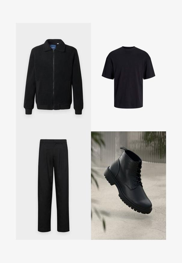 Veste en polaire noire avec fermeture éclair, col montant, poignets côtelés et poches latérales avec une surface texturée.; T-shirt en coton noir avec un col ras du cou, des manches courtes et une coupe décontractée. Texture lisse sans motifs ni accents visibles.; Pantalons noirs en tissu lisse, avec une coupe droite, deux plis avant et une taille standard avec passants de ceinture.; Bottines en cuir noir avec un bout rond, un laçage, et une semelle en caoutchouc robuste. Texture lisse avec une languette à l'arrière.