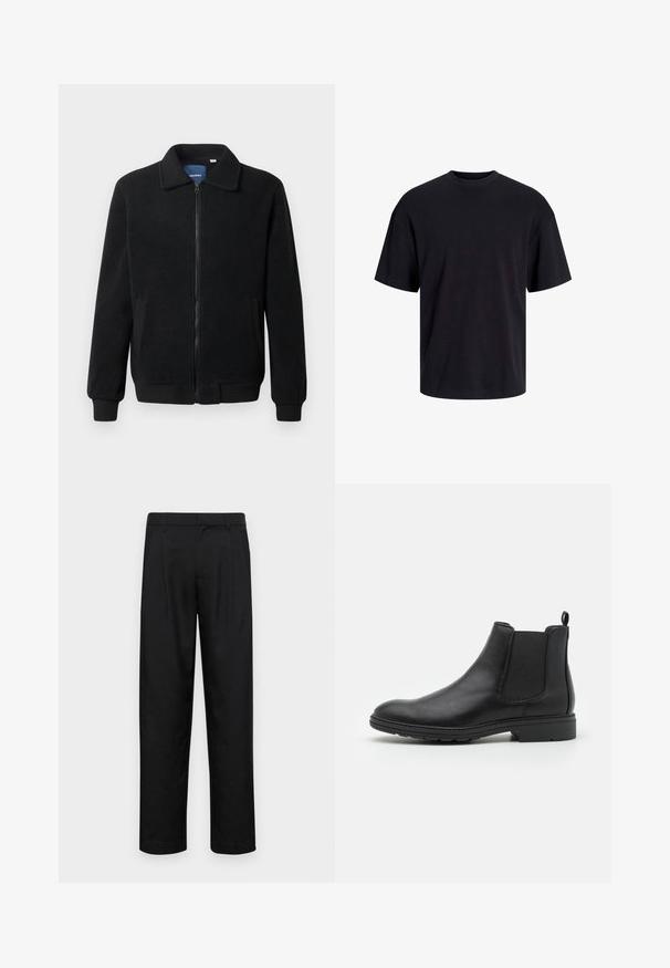 Veste en polaire noire avec fermeture éclair, col montant, poignets côtelés et poches latérales avec une surface texturée.; T-shirt en coton noir avec un col ras du cou, des manches courtes et une coupe décontractée. Texture lisse sans motifs ni accents visibles.; Pantalons noirs en tissu lisse, avec une coupe droite, deux plis avant et une taille standard avec passants de ceinture.; Bottines Chelsea en cuir noir avec des panneaux élastiques sur les côtés et une languette, présentant un bout arrondi et une semelle en caoutchouc texturée.