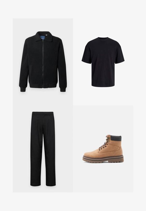 Fekete bolyhos dzseki cipzárral, állógallérral, bordázott mandzsettákkal és oldalzsebekkel, textúrált felülettel.; Fekete pamut póló, kerek nyakkivágással, rövid ujjú és laza fazonú. Simább anyagú, látható minták vagy díszítések nélkül.; Fekete nadrág sima anyagból, egyenes szárú fazonnal, két elülső redővel és közönséges derékkal, övhurkokkal.; Barna bőr túracipő fekete párnázott gallérral, fém fűzőlyukakkal, barna fűzőkkel és vastag, barázdált barna talppal, fehér háttér előtt.