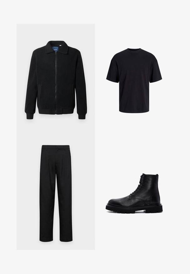 Giacca in pile nera con chiusura zip, colletto alto, polsini a coste e tasche laterali con superficie strutturata.; T-shirt in cotone nero con collo rotondo, maniche corte e vestibilità morbida. Texture liscia senza pattern o dettagli visibili.; Pantaloni neri realizzati in tessuto liscio, caratterizzati da un taglio dritto, due pieghe frontali e una vita standard con passanti per la cintura.; Stivale alla caviglia in pelle nera con suola spessa e lacci, mostrato in profilo laterale sinistro su uno sfondo bianco.