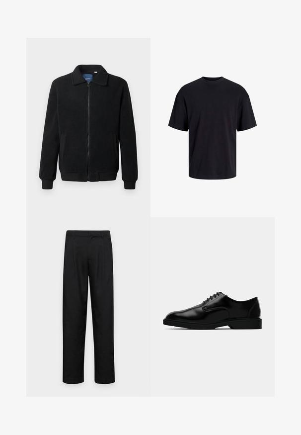 Giacca in pile nera con chiusura zip, colletto alto, polsini a coste e tasche laterali con superficie strutturata.; T-shirt in cotone nero con collo rotondo, maniche corte e vestibilità morbida. Texture liscia senza pattern o dettagli visibili.; Pantaloni neri realizzati in tessuto liscio, caratterizzati da un taglio dritto, due pieghe frontali e una vita standard con passanti per la cintura.; Scarpe da uomo in pelle nera con una finitura liscia, punta arrotondata, design con lacci e suola in gomma discreta per una buona aderenza.