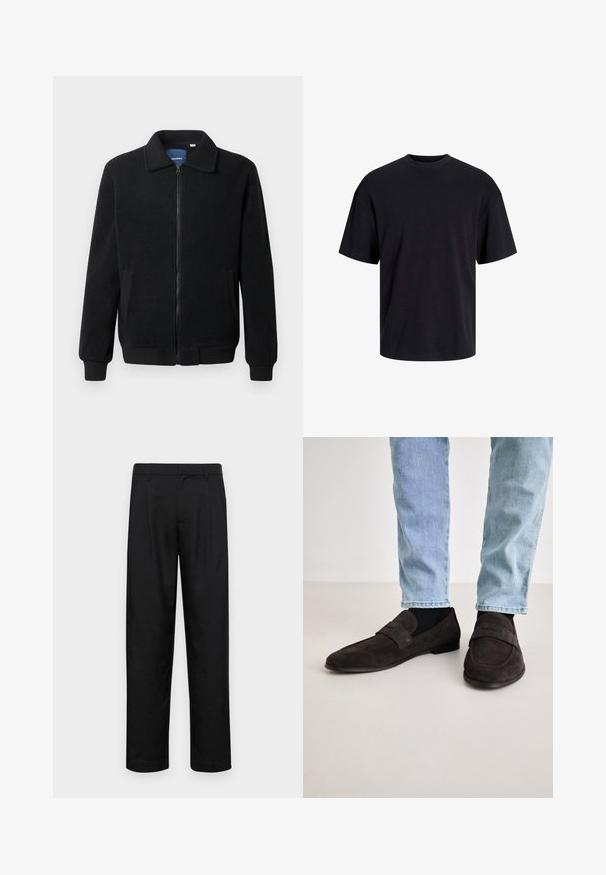 Chaqueta de forro polar negra con cierre de cremallera, cuello alzado, puños acanalados y bolsillos laterales con una superficie texturizada.; Camiseta de algodón negra con cuello redondo, mangas cortas y un ajuste relajado. Textura suave y sin patrones ni acentos visibles.; Pantalones negros de tela suave, con un diseño de pierna recta, dos pliegues frontales y una cintura estándar con trabillas para el cinturón.; Mocasines de ante marrón oscuro con suela plana y una banda ancha en la parte superior. Llevados con unos jeans de mezclilla azul claro y calcetines negros.