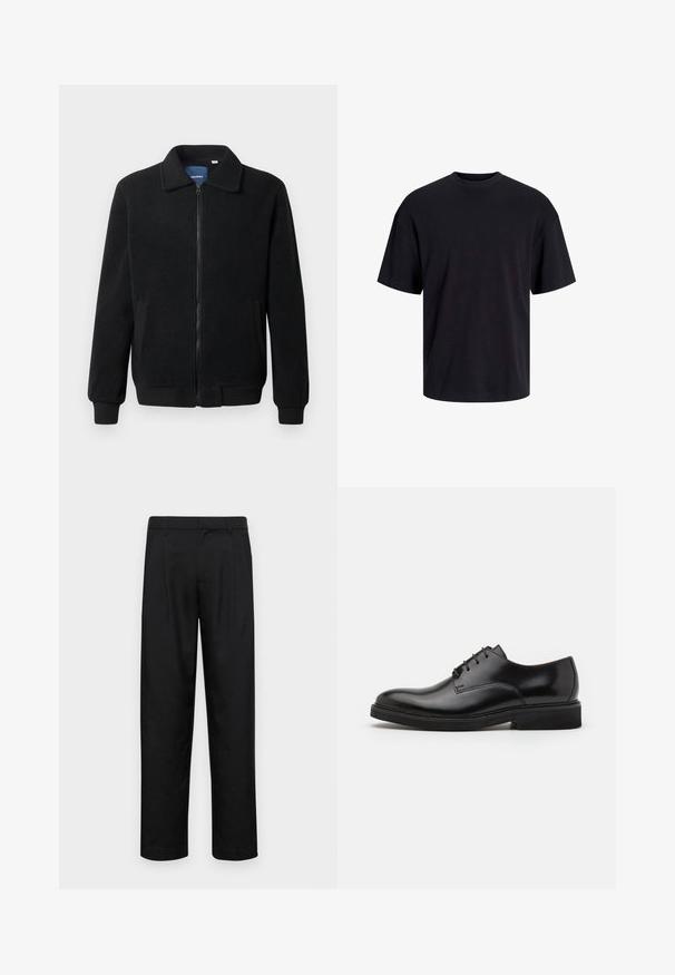 Veste en polaire noire avec fermeture éclair, col montant, poignets côtelés et poches latérales avec une surface texturée.; T-shirt en coton noir avec un col ras du cou, des manches courtes et une coupe décontractée. Texture lisse sans motifs ni accents visibles.; Pantalons noirs en tissu lisse, avec une coupe droite, deux plis avant et une taille standard avec passants de ceinture.; Chaussure habillée en cuir noir avec un bout arrondi, cinq œillets pour les lacets, une texture lisse et une semelle en caoutchouc basse.
