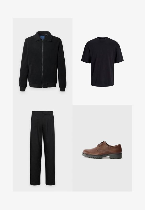Čierna flísová bunda s uzáverom na zips, stojatým golierom, rebrovanými manžetami a bočnými vreckami s textúrovaným povrchom.; Čierne bavlnené tričko s okrúhlym výstrihom, krátkymi rukávmi a uvoľneným strihom. Hladká textúra bez viditeľných vzorov alebo akcentov.; Čierne nohavice vyrobené z hladkej tkaniny, s rovnými nohavicami, dvoma prednými skladmi a štandardným pásom s pútkami na opasok.; Hnedé kožené oxfordky s hladkou textúrou, zaoblenou špičkou a čiernou gumovou podrážkou s dezénom. Šnúrky sú pripevnené vpredu.
