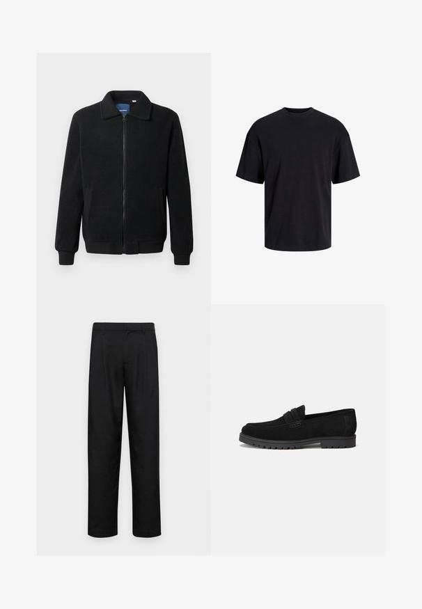 Musternahk fleece-jakk musternahaga, tõmblukk, seisev kaelus, soonikkoes varrukad ja küljetaskud tekstuurse pinnaga.; Must must on mustre, lühikeste varrukatega ja vabalt langev. Sile tekstuur ja ilma nähtavate mustrite või aktsentideta.; Mustad mustadest riietest, millel on sirge jalgade disain, kaks eesmist voltimist ja tavaline vöökoht, millel on vöökohad.; Mustad nahast loafers, millel on ümar nina ja silmapaistev õmblus üle eest. Kummist välistald, millel on nähtavad mustrid haardumise jaoks.