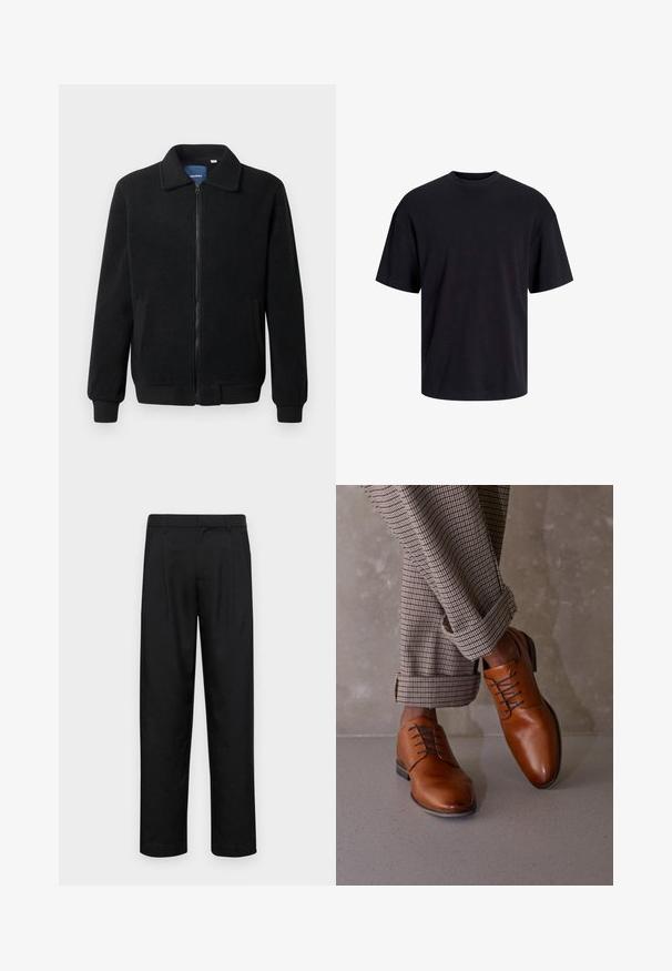 Črna flis jakna z zadrgo, stoječim ovratnikom, rebrastimi zapestji in stranskimi žepi s teksturirano površino.; Črna bombažna majica s krojačkom izrezom, kratkimi rokavi in sproščenim krojem. Gladka tekstura in brez vidnih vzorcev ali poudarkov.; Črne hlače iz gladkega materiala, s krojem ravne noge, dvema sprednjima pregiboma in standardnim pasom z zankami za pas.; Rjave usnjene čevlje odlikuje zaobljen odmerek, pet odprtin za vezalke in kontrastne temne vezalke. Hlače so karirane, zavite pri robovih.