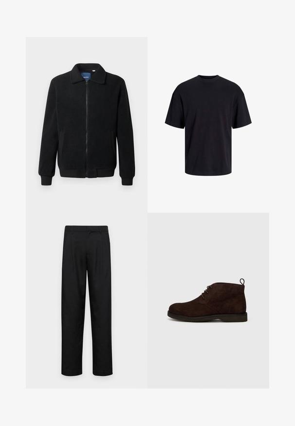 Svart fleece jakke med glidelås, høy krage, ribbestrikkede mansjetter og sidelommer med strukturert overflate.; Svart bomull t-skjorte med rund hals, korte ermer og en avslappet passform. Glatt tekstur uten synlige mønstre eller detaljer.; Sorte bukser laget av glatt stoff, med rette ben, to frontfoldninger og standard liv med beltehemper.; Brune suède ankel støvler med rund tå, med snøring og en trekktab bak, satt på en gummisåle med teksturert overflate.