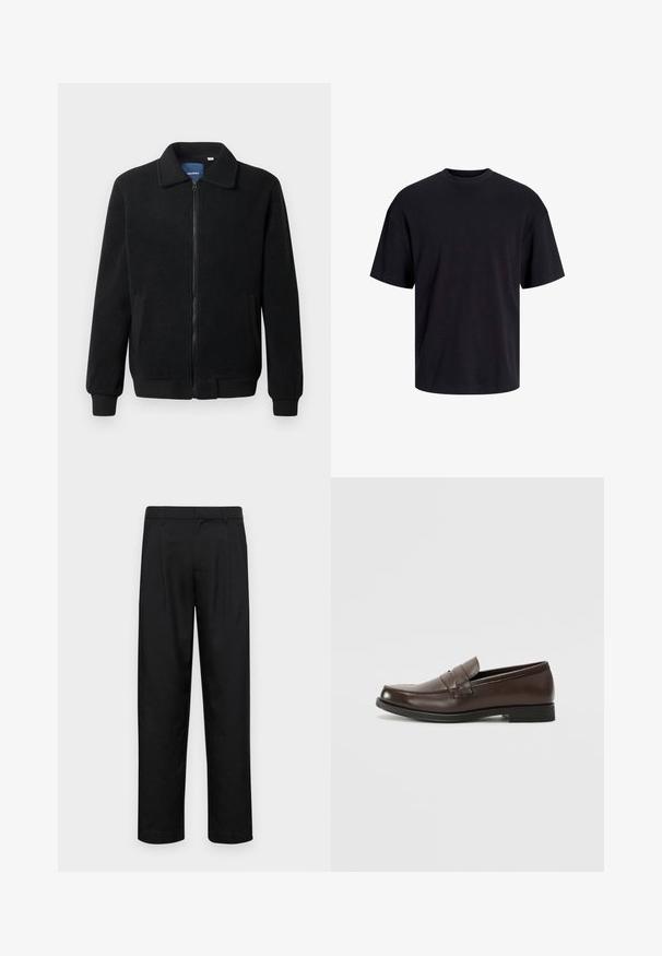 Jachetă din fleece neagră, cu închidere prin fermoar, guler înalt, manșete ribbate și buzunare laterale cu o suprafață texturată.; Tricou din bumbac negru, cu guler rotund, mâneci scurte și o croială lejeră. Textură netedă și fără modele sau accente vizibile.; Pantaloni negri dintr-un material neted, cu un design drept, două pliuri frontale și un tiv standard cu bucle pentru curea.; Mocasin din piele maro cu vârful rotunjit, cusături decorative și un toc mic, plat. Textură netedă cu elemente de design subtile.