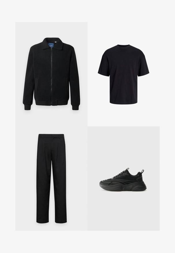 Black fleece jacket featuring a zip closure, stand collar, ribbed cuffs, and side pockets with a textured surface.; Black cotton t-shirt with a crew neckline, short sleeves, and a relaxed fit. Smooth texture and no visible patterns or accents.; Black trousers made of smooth fabric, featuring a straight-leg design, two front pleats, and standard waistband with belt loops.; Black athletic shoes with a rounded sole, textured upper, and padded collar. Features lacing, a pull tab, and layered design elements.