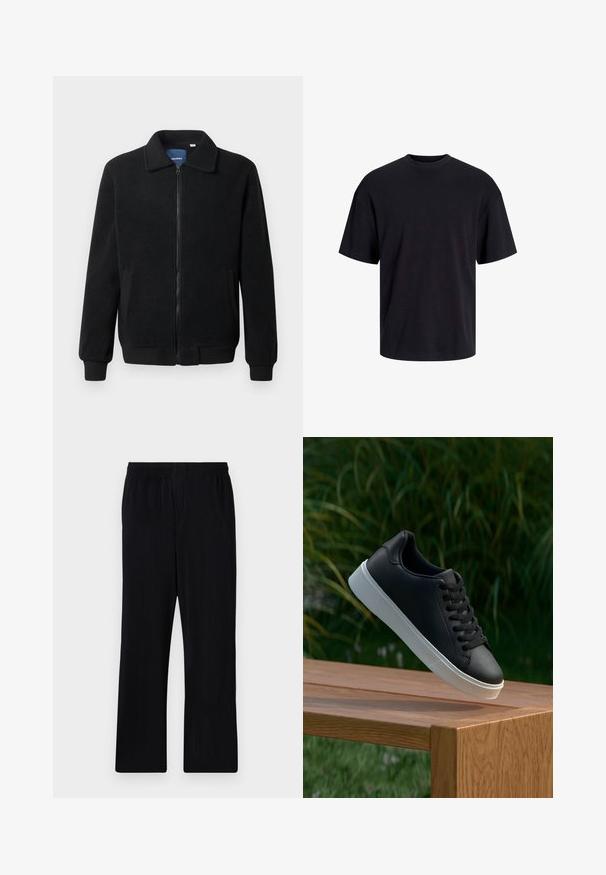 Black fleece jacket featuring a zip closure, stand collar, ribbed cuffs, and side pockets with a textured surface.; Black cotton t-shirt with a crew neckline, short sleeves, and a relaxed fit. Smooth texture and no visible patterns or accents.; Black, pleated pants with an elastic waistband, straight leg design, and textured fabric. No visible pockets or accents.; Black leather sneaker with a smooth texture, white rubber sole, and six eyelets for laces, displayed on a wooden surface.
