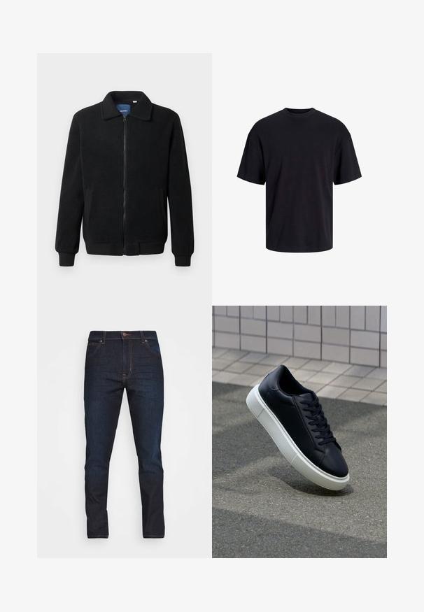 Črna flis jakna z zadrgo, stoječim ovratnikom, rebrastimi zapestji in stranskimi žepi s teksturirano površino.; Črna bombažna majica s krojačkom izrezom, kratkimi rokavi in sproščenim krojem. Gladka tekstura in brez vidnih vzorcev ali poudarkov.; Temno modri jeans z ožjim krojem, petimi žepi in gumbnim zapiranjem. Imajo kontrastno šivanje in gladko teksturo.; Črne usnjene superge z zaobljenim prstom in belim gumijastim podplat. Imajo ravne vezalke in minimalno šivanje na zgornjem delu. Teksturirani podplat za oprijem.