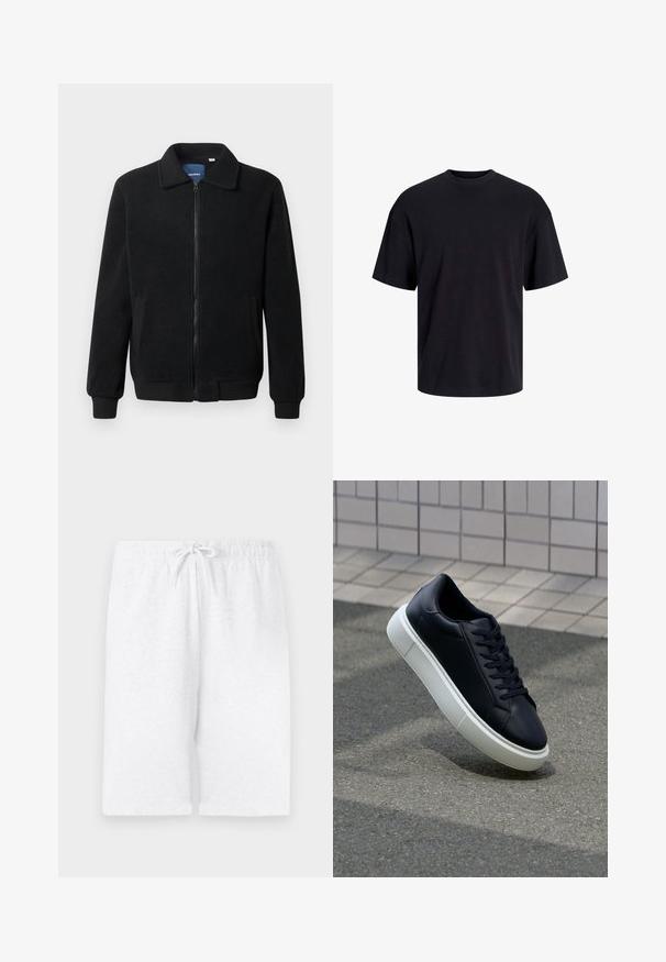Črna flis jakna z zadrgo, stoječim ovratnikom, rebrastimi zapestji in stranskimi žepi s teksturirano površino.; Črna bombažna majica s krojačkom izrezom, kratkimi rokavi in sproščenim krojem. Gladka tekstura in brez vidnih vzorcev ali poudarkov.; Bela bombažna kratka hlače z elastičnim pasom in nastavljivo vrvico. Imajo raven kroj in gladko teksturo. Brez vzorcev ali dodatkov.; Črne usnjene superge z zaobljenim prstom in belim gumijastim podplat. Imajo ravne vezalke in minimalno šivanje na zgornjem delu. Teksturirani podplat za oprijem.