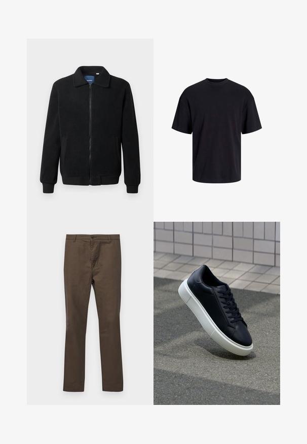 Fekete bolyhos dzseki cipzárral, állógallérral, bordázott mandzsettákkal és oldalzsebekkel, textúrált felülettel.; Fekete pamut póló, kerek nyakkivágással, rövid ujjú és laza fazonú. Simább anyagú, látható minták vagy díszítések nélkül.; Barna pamut nadrág egyenes szárú fazonnal, gombos záródással és övbújtatókkal, sima textúrával, minták vagy kiegészítők nélkül.; Fekete bőr sportcipő lekerekített orral és fehér gumitalppal. Lapos fűzőkkel és minimális varrásokkal rendelkezik a felsőrészén. Mintás talp a tapadásért.