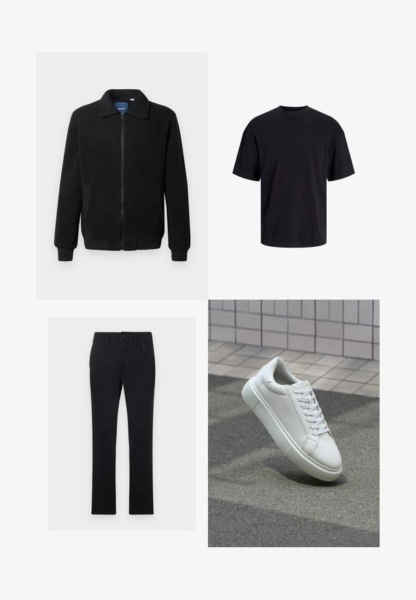 Zwarte fleece jas met een ritssluiting, staande kraag, ribgebreide manchetten en zijzakken met een textuur.; Zwarte katoenen t-shirt met een ronde halslijn, korte mouwen en een relaxte pasvorm. Glad textuur en geen zichtbare patronen of accenten.; Zwarte katoenen broek met een rechte pasvorm, voorzien van een knoop en rits, vijf zakken en subtiele stikseldetails.; Witte leren sneaker met een glad oppervlak, ronde neus en platte witte veters. Voorzien van een gestructureerde rubberen zool en minimale ontwerpelementen.