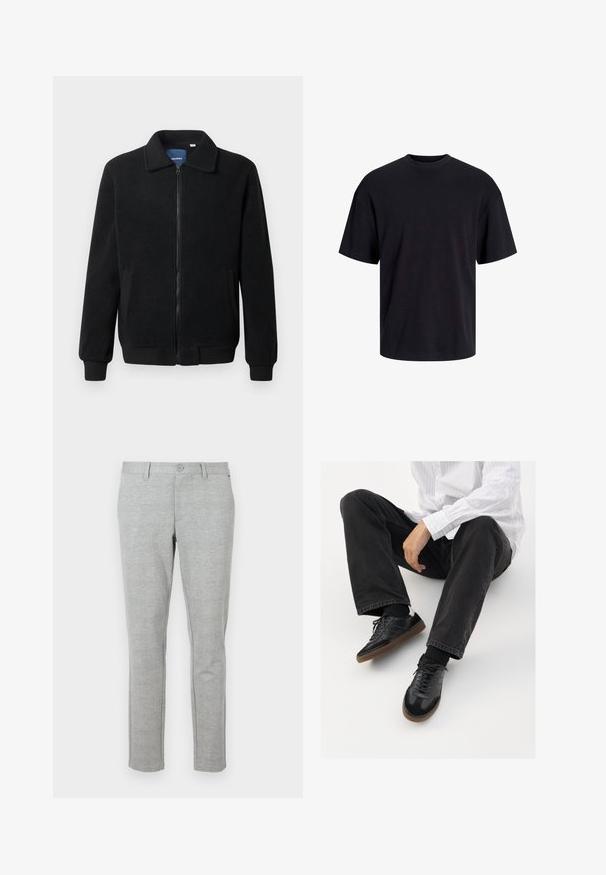 Jachetă din fleece neagră, cu închidere prin fermoar, guler înalt, manșete ribbate și buzunare laterale cu o suprafață texturată.; Tricou din bumbac negru, cu guler rotund, mâneci scurte și o croială lejeră. Textură netedă și fără modele sau accente vizibile.; Pantaloni de birou gri, cu croială slim-fit, realizați dintr-un material texturat. Au talie standard cu închidere prin buton și buzunare laterale.; Adidași negri cu un model neted și texturat, având o talpă din cauciuc și șireturi închise la culoare. Asortați cu blugi negri și o cămașă albă cu dungi.