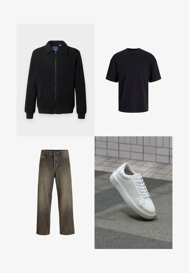 Černá fleecová bunda s zipovým uzávěrem, stojáčkem, vroubkovanými manžetami a bočními kapsami s texturovaným povrchem.; Černé bavlněné tričko s kulatým výstřihem, krátkými rukávy a volným střihem. Hladká textura a žádné viditelné vzory ani akcenty.; Tmavě šedé široké džíny s vybledlým vzhledem, designem s pěti kapsami, zapínáním na knoflík a poutky na opasek. Vyrobeny z odolné džínové tkaniny.; Bílé kožené tenisky s hladkým povrchem, kulatou špičkou a plochými bílými tkaničkami. Disponují texturovanou gumovou podrážkou a minimálními designovými prvky.