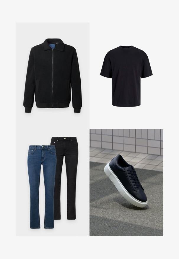 Fekete bolyhos dzseki cipzárral, állógallérral, bordázott mandzsettákkal és oldalzsebekkel, textúrált felülettel.; Fekete pamut póló, kerek nyakkivágással, rövid ujjú és laza fazonú. Simább anyagú, látható minták vagy díszítések nélkül.; Két pár farmernadrág: az egyik világoskék, a másik fekete. Mindkettő egyenes szárú, denimből készült, elülső zsebekkel és fémből készült gombdíszekkel.; Fekete bőr sportcipő lekerekített orral és fehér gumitalppal. Lapos fűzőkkel és minimális varrásokkal rendelkezik a felsőrészén. Mintás talp a tapadásért.