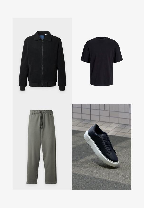 Musternahk fleece-jakk musternahaga, tõmblukk, seisev kaelus, soonikkoes varrukad ja küljetaskud tekstuurse pinnaga.; Must must on mustre, lühikeste varrukatega ja vabalt langev. Sile tekstuur ja ilma nähtavate mustrite või aktsentideta.; Hallid hallid spordipüksid pehmest kangast, millel on elastne vöökoht ja nöör; sirge jala lõige ja minimaalne õmbluste detail.; Mustast nahast tennisetoss, millel on ümar nina ja valge kummist tall. Omab siredaid paelu ja minimaalset õmblemist ülemises osas. Tekstuuriga tald, mis tagab haakuvuse.