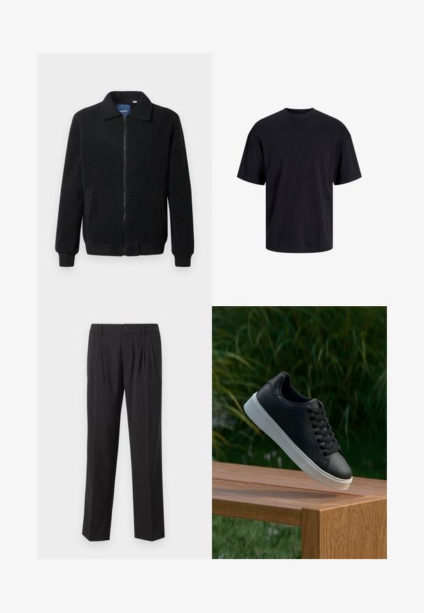 Crni flis jakna s zatvaranjem na zip, stojećim ovratnikom, rebrastim manžetama i bočnim džepovima s teksturiranom površinom.; Crna pamučna majica s okruglim izrezom, kratkim rukavima i opuštenim krojem. Glatka tekstura bez vidljivih uzoraka ili dekoracija.; Crne krojene hlače napravljene od glatkog materijala, s plisirama sprijeda, dugmetom za zatvaranje i ravnim krojem.; Crne kožne tenisice s glatkom teksturom, bijelim gumeni potplat i šest rupica za vezice, izložene na drvenoj površini.