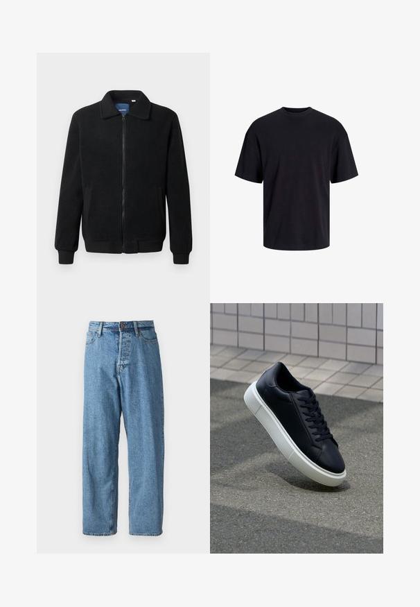 Crni flis jakna s zatvaranjem na zip, stojećim ovratnikom, rebrastim manžetama i bočnim džepovima s teksturiranom površinom.; Crna pamučna majica s okruglim izrezom, kratkim rukavima i opuštenim krojem. Glatka tekstura bez vidljivih uzoraka ili dekoracija.; Svijetloplave traperice s širokim krojem, koje imaju kopčanje na dugme, pet džepova i minimalno izbjeljivanje za čist izgled. Klasičan kroj nogavica s sužavanjem.; Crne kožne tenisice s zaobljenim vrhom i bijelim gumiranim potplatom. Imaju ravne vezice i minimalno šivanje na gornjem dijelu. Teksturirani potplat za bolje prianjanje.