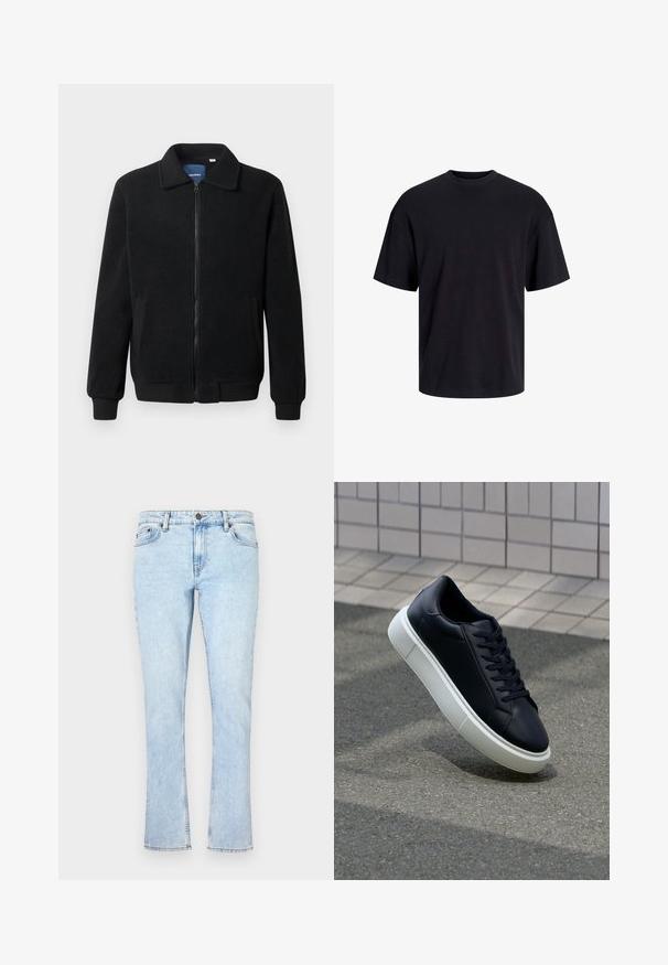 Black fleece jacket featuring a zip closure, stand collar, ribbed cuffs, and side pockets with a textured surface.; Black cotton t-shirt with a crew neckline, short sleeves, and a relaxed fit. Smooth texture and no visible patterns or accents.; Light blue denim jeans with a straight leg cut, featuring a button closure, five pockets, and subtle fading for texture.; Black leather sneaker with rounded toe and white rubber sole. Features flat laces and minimal stitching on the upper. Textured sole for grip.