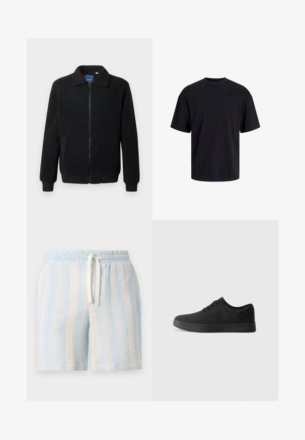 Čierna flísová bunda s uzáverom na zips, stojatým golierom, rebrovanými manžetami a bočnými vreckami s textúrovaným povrchom.; Čierne bavlnené tričko s okrúhlym výstrihom, krátkymi rukávmi a uvoľneným strihom. Hladká textúra bez viditeľných vzorov alebo akcentov.; Bavlnené, textúrované šortky s modro-bielym pruhovaným vzorom. Majú elastický pás a šnúrku na stiahnutie.; Čierne tenisky vyrobené z hladkého materiálu s nízkym profilom, s plochými šnúrkami a textúrovanou gumovou podrážkou.