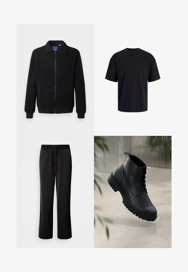 Sort fleecejakke med lynlås, opretstående krave, ribbede manchetter og sidelommer med en tekstureret overflade.; Sort bomulds t-shirt med rund hals, korte ærmer og en afslappet pasform. Glat tekstur uden synlige mønstre eller accenter.; Sorte, løstsiddende bukser med elastisk talje og justerbar snøre. Glat stof med detaljer ved sidesømmen, ingen lommer.; Sorte læder ankelstøvler med rund tå, snørebåndsdesign og robust gummisål. Glat tekstur med en løkke bagpå.