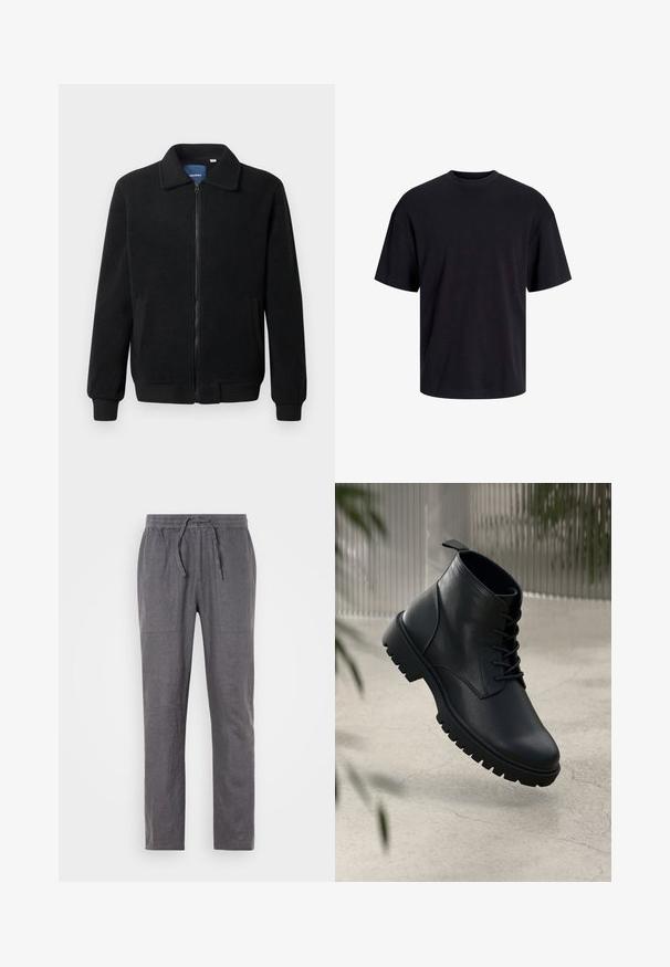 Svart fleece jakke med glidelås, høy krage, ribbestrikkede mansjetter og sidelommer med strukturert overflate.; Svart bomull t-skjorte med rund hals, korte ermer og en avslappet passform. Glatt tekstur uten synlige mønstre eller detaljer.; Grå linbukser med elastisk talje og snøre. Har to frontlommer, lige ben og et struktureret materiale.; Sorte skinn ankleboots med rund tå, snøring og grov gummisåle. Glatt tekstur med en stropp bak.