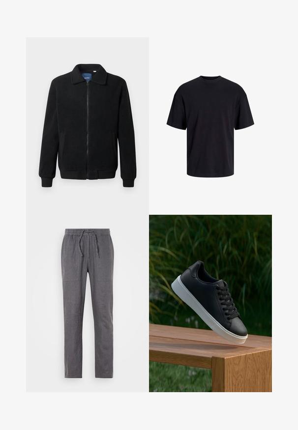 Černá fleecová bunda s zipovým uzávěrem, stojáčkem, vroubkovanými manžetami a bočními kapsami s texturovaným povrchem.; Černé bavlněné tričko s kulatým výstřihem, krátkými rukávy a volným střihem. Hladká textura a žádné viditelné vzory ani akcenty.; Šedé lněné kalhoty s elastickým pasem a šňůrkou na stažení. Obsahují dvě přední kapsy, rovné nohavice a texturovanou látku.; Černé kožené sneakersy s hladkým povrchem, bílé gumové podešve a šesti otvory pro šňůrky, vystavené na dřevěném povrchu.