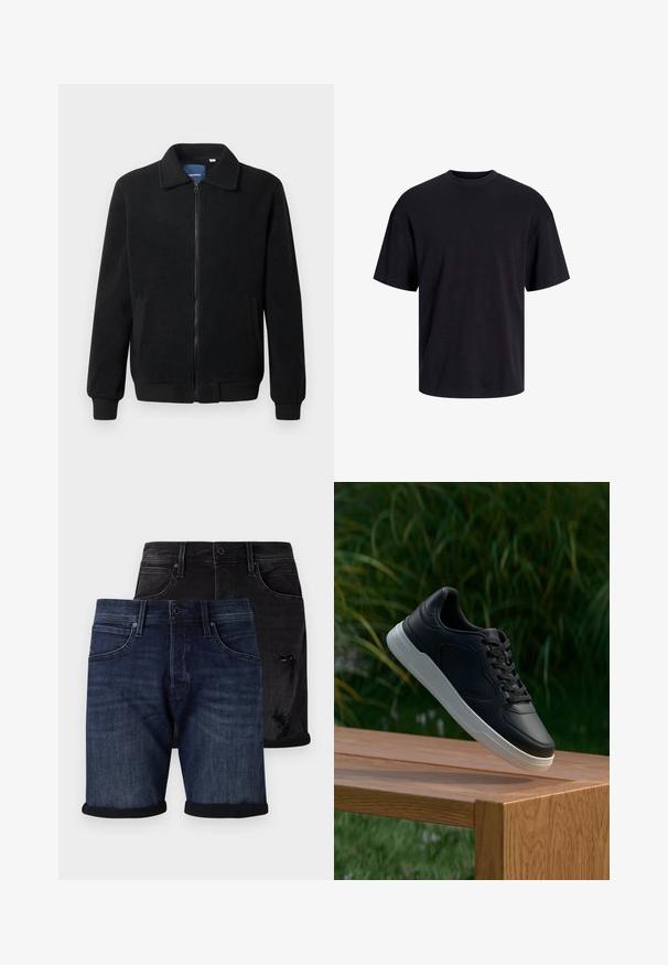 Musta fleece-takki, jossa on vetoketjulla suljettavat, pystykaulus, ribbireunat ja sivutaskut, joissa on teksturoitu pinta.; Musta puuvillapaita, jossa on pyöreä kaula-aukko, lyhyet hihat ja rento muotoilu. Yksinkertainen ja sileä pinta, ilman näkyviä kuvioita tai koristeita.; Setti denim-shortsit, jotka sisältävät tummansinisen parin käännetyillä helmoilla ja mustat kulutetut shortsit. Molemmissa on klassinen viiden taskun muotoilu.; Musta lenkkari valkoisella pohjalla roikkuu puupenkillä, taustalla sumeaa vihreää kasvillisuutta.