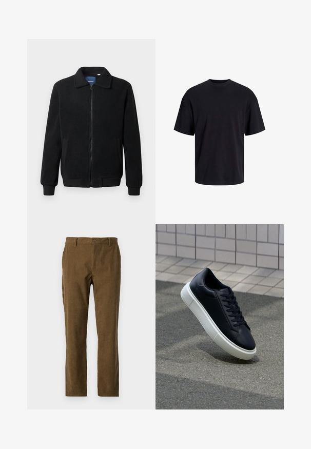 Sort fleecejakke med lynlås, opretstående krave, ribbede manchetter og sidelommer med en tekstureret overflade.; Sort bomulds t-shirt med rund hals, korte ærmer og en afslappet pasform. Glat tekstur uden synlige mønstre eller accenter.; Brune fløjlsbukser med lige pasform, der har lodrette ribber, en knaplukning foran og sidelommer for ekstra funktionalitet.; Sort lædersneaker med rund tå og hvid gummisål. Har flade snørebånd og minimal syning på overdelen. Tekstureret sål for bedre greb.