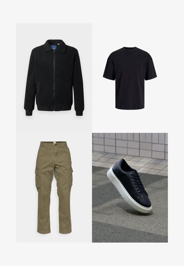 Črna flis jakna z zadrgo, stoječim ovratnikom, rebrastimi zapestji in stranskimi žepi s teksturirano površino.; Črna bombažna majica s krojačkom izrezom, kratkimi rokavi in sproščenim krojem. Gladka tekstura in brez vidnih vzorcev ali poudarkov.; Olivnozeleni cargo hlače iz bombaža, s ravnim krojem, stranskimi žepi in diskretnimi šivi. Tekstura je gladka, z odpornih materialom.; Črne usnjene superge z zaobljenim prstom in belim gumijastim podplat. Imajo ravne vezalke in minimalno šivanje na zgornjem delu. Teksturirani podplat za oprijem.