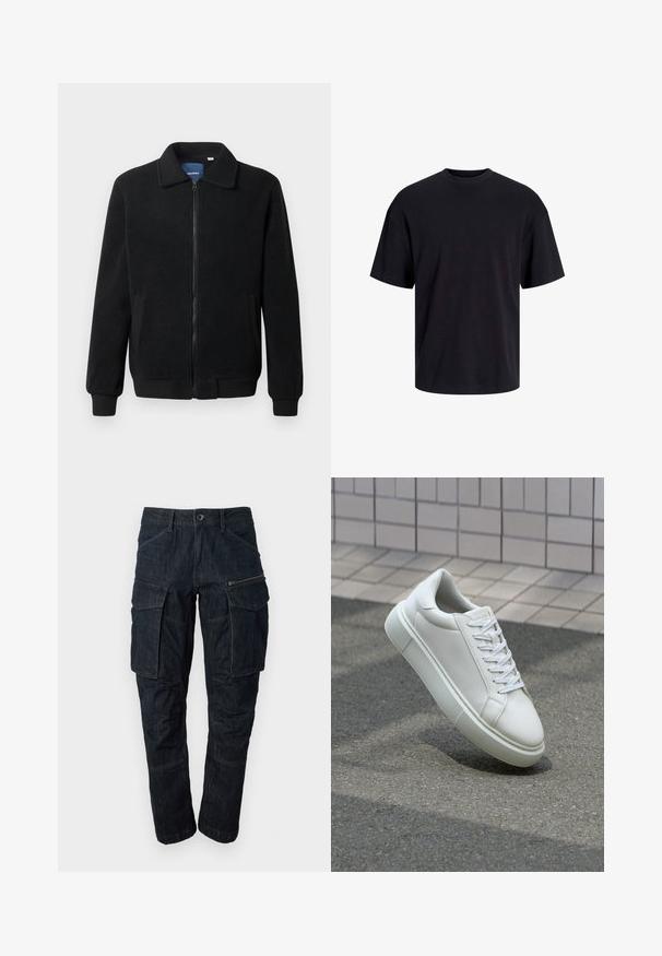 Schwarze Fleecejacke mit Reißverschluss, Stehkragen, gerippten Bündchen und seitlichen Taschen mit strukturiertem Oberflächenmaterial.; Schwarzes Baumwoll-T-Shirt mit Rundhalsausschnitt, kurzen Ärmeln und lässiger Passform. Glatte Oberflächenstruktur und keine sichtbaren Muster oder Akzente.; Dunkelblaue Cargo-Hosen aus Denim mit mehreren Taschen, einer Reißverschlusstasche und geradem Bein. Robuster Stoff mit sichtbaren Nähten.; Weiße Leder-Sneaker mit glatter Oberfläche, runder Zehenpartie und flachen weißen Schnürsenkeln. Verfügt über eine strukturierte Gummisohle und minimalistische Designelemente.