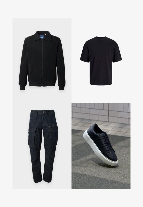 Musta fleece-takki, jossa on vetoketjulla suljettavat, pystykaulus, ribbireunat ja sivutaskut, joissa on teksturoitu pinta.; Musta puuvillapaita, jossa on pyöreä kaula-aukko, lyhyet hihat ja rento muotoilu. Yksinkertainen ja sileä pinta, ilman näkyviä kuvioita tai koristeita.; Tummansinisiä farkkukankaisia cargo-housuja, joissa on useita taskuja, vetoketjutasku ja suora lahkeiden malli. Kestävä kangas, jossa näkyviä ompeluyksityiskohtia.; Mustat nahkakengät, joissa on pyöristetty kärki ja valkoinen kumipohja. Varusteena litteät nauhat ja minimaalinen ommel ylhäällä. Teksturoitu pohja pitävyyden lisäämiseksi.