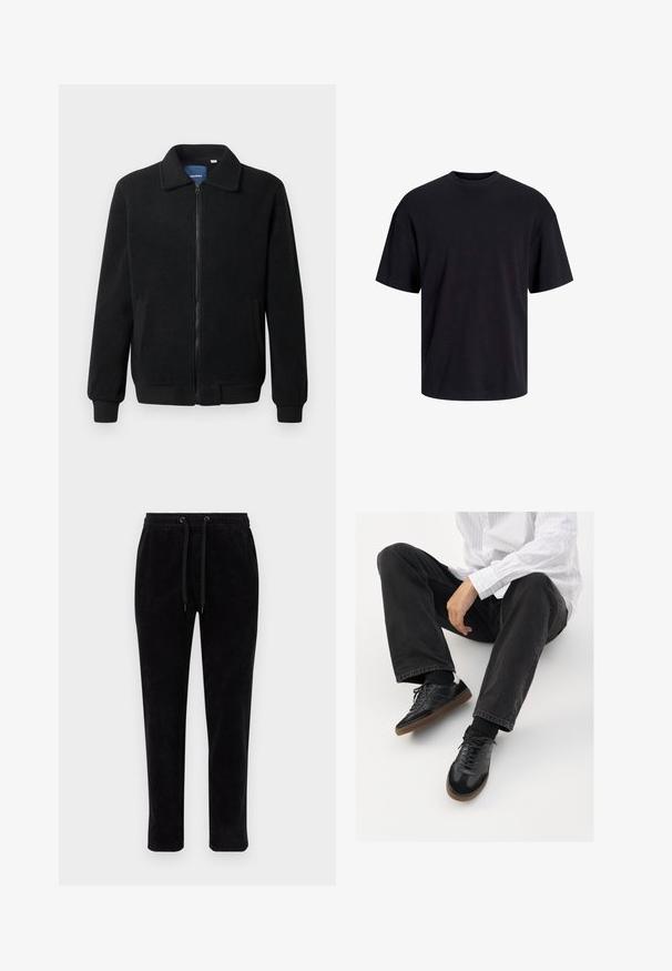 Juodas fliso džemperis su užtrauktuku, stovinčia apykakle, gumuotais rankogaliais ir šoninėmis kišenėmis, turinčiomis tekstūruotą paviršių.; Juodas medvilninis marškinėlis su apvaliu iškirpimu, trumpomis rankovėmis ir laisvu siluetu. Glotni tekstūra, be matomų raštų ar akcentų.; Juodos kordūro kojos su elastinga juosme, reguliuojamomis raištelėmis ir siaurėjančiu siluetu. Audinys turi vertikalią raibą tekstūrą.; Juodi sportbačiai su lygiu ir tekstūruotu paviršiumi, turi guminį padas ir tamsias raištelius. Suderinti su juodomis džinsais ir balta juostuota marškinėliais.