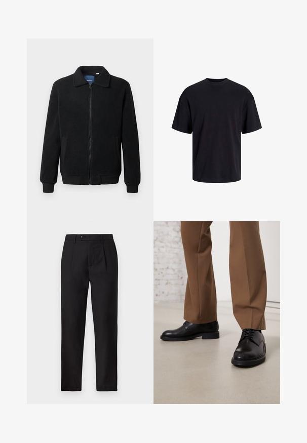 Sort fleecejakke med lynlås, opretstående krave, ribbede manchetter og sidelommer med en tekstureret overflade.; Sort bomulds t-shirt med rund hals, korte ærmer og en afslappet pasform. Glat tekstur uden synlige mønstre eller accenter.; Sorte bukser lavet af tekstureret stof, med lige ben, frontfolder og en enkelt knaplukning i taljen.; Sorte læder sko med glat overflade og rund tå, der har snørebåndslukning og en lav, flad sål. Sammen med brune bukser.