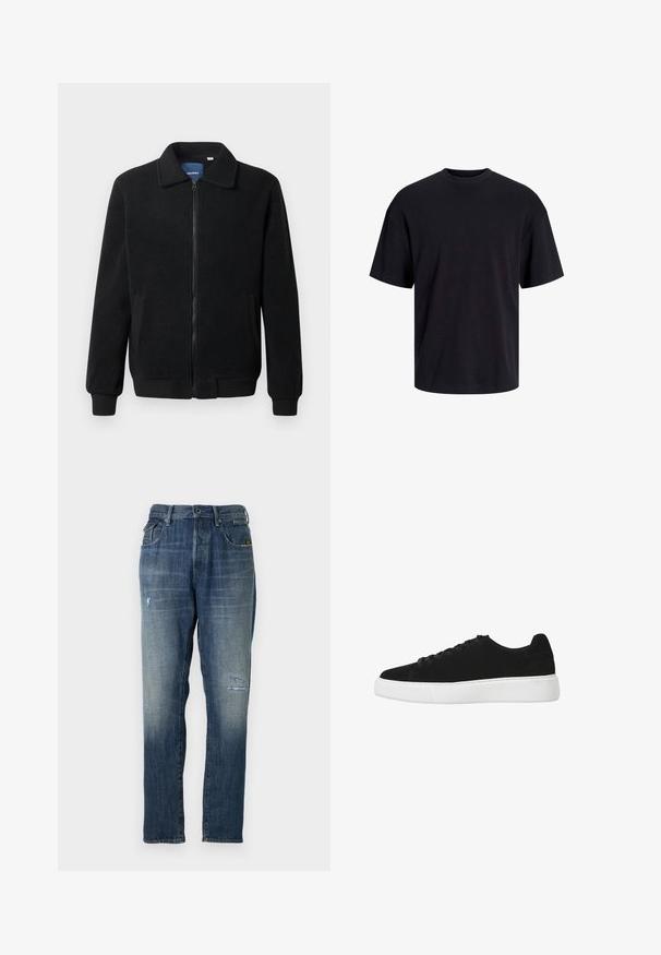 Juodas fliso džemperis su užtrauktuku, stovinčia apykakle, gumuotais rankogaliais ir šoninėmis kišenėmis, turinčiomis tekstūruotą paviršių.; Juodas medvilninis marškinėlis su apvaliu iškirpimu, trumpomis rankovėmis ir laisvu siluetu. Glotni tekstūra, be matomų raštų ar akcentų.; Džinsai, turintys įblukusią mėlyną spalvą, tiesaus kirpimo dizainą, vidutinį dėvėjimą priekyje ir klasikinį penkių kišenių stilių.; Juodas zomšiniai sportbačiai su apvaliu nosiu, raišteliais priekyje ir baltu guminiu padu. Paprastas dizainas su minimaliais akcentais ir lygiu paviršiumi.