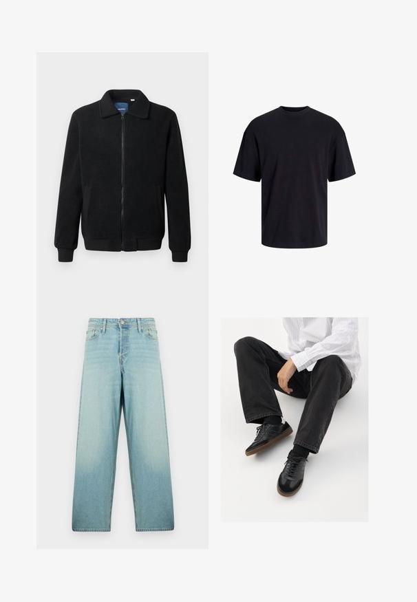 Jachetă din fleece neagră, cu închidere prin fermoar, guler înalt, manșete ribbate și buzunare laterale cu o suprafață texturată.; Tricou din bumbac negru, cu guler rotund, mâneci scurte și o croială lejeră. Textură netedă și fără modele sau accente vizibile.; Jeans lejere de culoare albastru deschis, din denim, cu un finisaj decolorat. Prezintă închidere cu buton frontal și un design cu cinci buzunare.; Adidași negri cu un model neted și texturat, având o talpă din cauciuc și șireturi închise la culoare. Asortați cu blugi negri și o cămașă albă cu dungi.