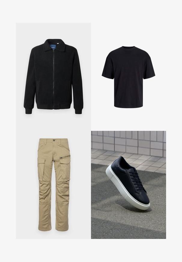 Black fleece jacket featuring a zip closure, stand collar, ribbed cuffs, and side pockets with a textured surface.; Black cotton t-shirt with a crew neckline, short sleeves, and a relaxed fit. Smooth texture and no visible patterns or accents.; Beige cargo pants with multiple pockets, including two side cargo pockets and one zippered front pocket. Made of durable fabric, straight leg design.; Black leather sneaker with rounded toe and white rubber sole. Features flat laces and minimal stitching on the upper. Textured sole for grip.