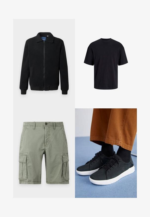 Melnā vilnas jaka ar rāvējslēdzēju, stāvošu apkakli, ribotām piedurknēm un sānu kabatām ar teksturētu virsmu.; Melns kokvilnas T-krekls ar apaļu kakla izgriezumu, īsām piedurknēm un brīvu piegriezumu. Gluda tekstūra un nav redzamu rakstu vai akcentu.; Zaļie kravas šorti, kas izgatavoti no kokvilnas maisījuma, ar divām sānu kabatām, poga aizdare un taisna piegrieze.; Melnas zamšādas kedas ar baltām gumijas zolēm, ar saistāmām auklām, tekstūrētām detaļām un diskrētu zīmolu, apvienotas ar brūniem biksēm.