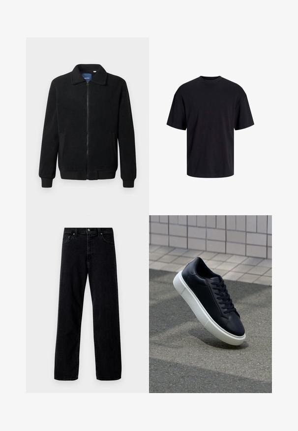 Crni flis jakna s zatvaranjem na zip, stojećim ovratnikom, rebrastim manžetama i bočnim džepovima s teksturiranom površinom.; Crna pamučna majica s okruglim izrezom, kratkim rukavima i opuštenim krojem. Glatka tekstura bez vidljivih uzoraka ili dekoracija.; Hollister Co. Vrećaste traperice - washed black; Crne kožne tenisice s zaobljenim vrhom i bijelim gumiranim potplatom. Imaju ravne vezice i minimalno šivanje na gornjem dijelu. Teksturirani potplat za bolje prianjanje.