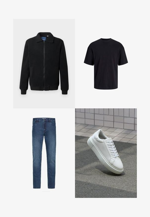 Svart fleece jakke med glidelås, høy krage, ribbestrikkede mansjetter og sidelommer med strukturert overflate.; Svart bomull t-skjorte med rund hals, korte ermer og en avslappet passform. Glatt tekstur uten synlige mønstre eller detaljer.; Mørkeblå denimbukser, medium-vekt stoff, rett ben design, fem-lommer stil, med knappelukking foran og beltehemper.; Hvit lær sneaker med glatt overflate, rund tå og flate hvite snøringer. Har en teksturert gummisåle og minimale design elementer.