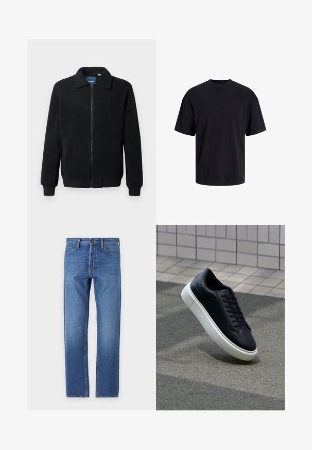 Black fleece jacket featuring a zip closure, stand collar, ribbed cuffs, and side pockets with a textured surface.; Black cotton t-shirt with a crew neckline, short sleeves, and a relaxed fit. Smooth texture and no visible patterns or accents.; Blue denim jeans with a straight-leg cut, classic five-pocket design, copper stitching, and a faded wash for a worn-in look.; Black leather sneaker with rounded toe and white rubber sole. Features flat laces and minimal stitching on the upper. Textured sole for grip.