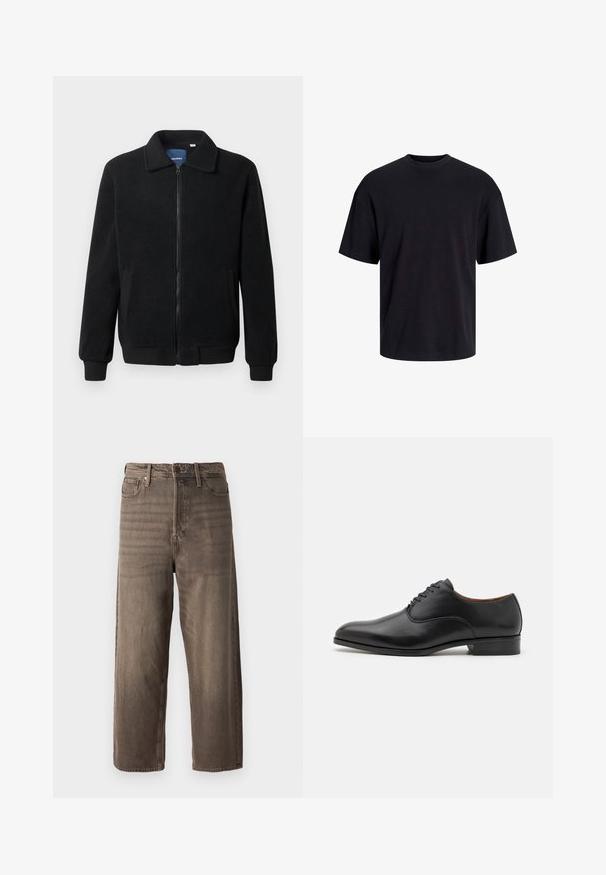 Crni flis jakna s zatvaranjem na zip, stojećim ovratnikom, rebrastim manžetama i bočnim džepovima s teksturiranom površinom.; Crna pamučna majica s okruglim izrezom, kratkim rukavima i opuštenim krojem. Glatka tekstura bez vidljivih uzoraka ili dekoracija.; Smeđe traperice širokih nogavica. Imaju patentni zatvarač, petlju za pojas i pet džepova. Tkanina ima izblijeđeni, teksturirani izgled.; Crna kožna cipele s glatkom završnom obradom, špicastim nosom i dizajnom s vezanjem na šest rupa, sa niskom petom i diskretnim šavnim detaljima.