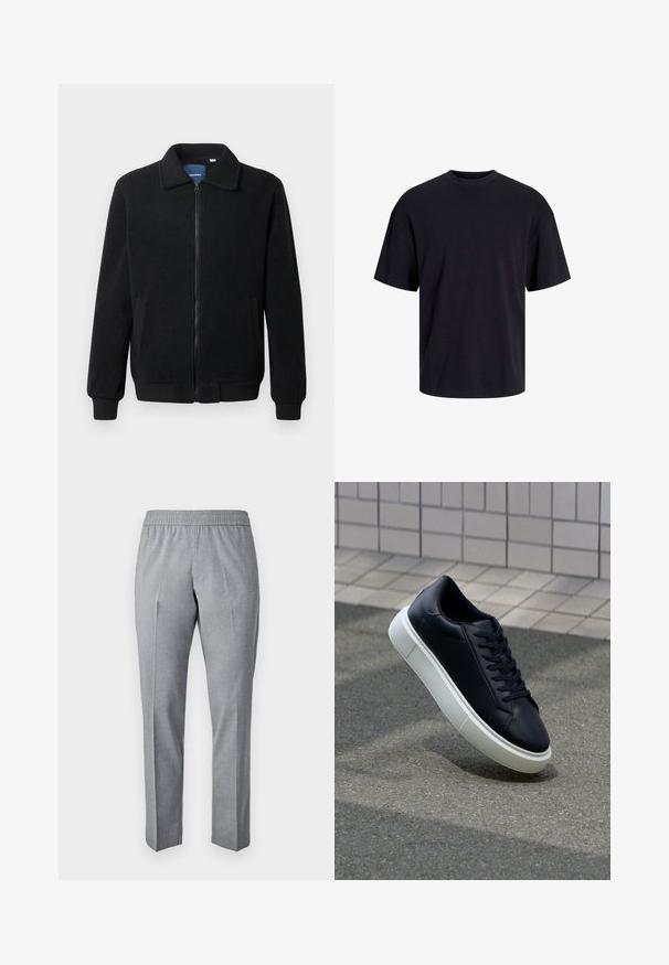 Black fleece jacket featuring a zip closure, stand collar, ribbed cuffs, and side pockets with a textured surface.; Black cotton t-shirt with a crew neckline, short sleeves, and a relaxed fit. Smooth texture and no visible patterns or accents.; Grey, woven trousers with an elastic waistband, straight cut, and crease down the front. Fabric texture appears smooth and lightweight.; Black leather sneaker with rounded toe and white rubber sole. Features flat laces and minimal stitching on the upper. Textured sole for grip.