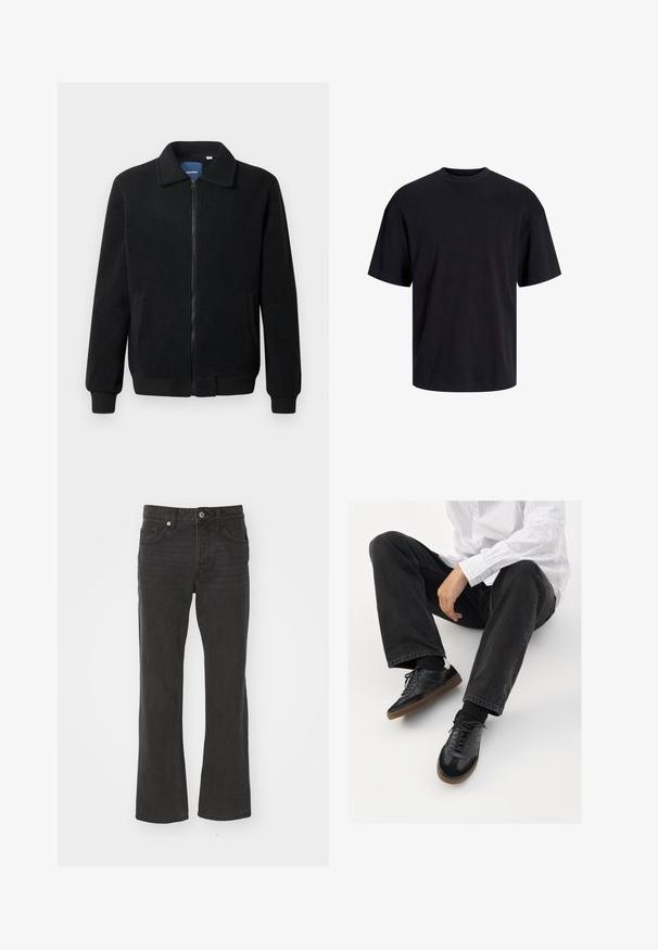 Juodas fliso džemperis su užtrauktuku, stovinčia apykakle, gumuotais rankogaliais ir šoninėmis kišenėmis, turinčiomis tekstūruotą paviršių.; Juodas medvilninis marškinėlis su apvaliu iškirpimu, trumpomis rankovėmis ir laisvu siluetu. Glotni tekstūra, be matomų raštų ar akcentų.; Juodi tiesūs džinsai, pagaminti iš denimo, su klasikinio penkių kišenių dizainu ir metaliniais aksesuareis. Lygus paviršius su šiek tiek elastingumo.; Juodi sportbačiai su lygiu ir tekstūruotu paviršiumi, turi guminį padas ir tamsias raištelius. Suderinti su juodomis džinsais ir balta juostuota marškinėliais.
