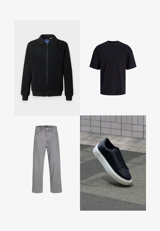 Černá fleecová bunda s zipovým uzávěrem, stojáčkem, vroubkovanými manžetami a bočními kapsami s texturovaným povrchem.; Černé bavlněné tričko s kulatým výstřihem, krátkými rukávy a volným střihem. Hladká textura a žádné viditelné vzory ani akcenty.; Šedé džíny s uvolněným, volným střihem. Obsahují tradiční pětikapsový design a zapínání na knoflík v pase.; Černé kožené tenisky s kulatou špičkou a bílou gumovou podrážkou. mají ploché tkaničky a minimální šití na svršku. Texturovaná podrážka pro lepší přilnavost.